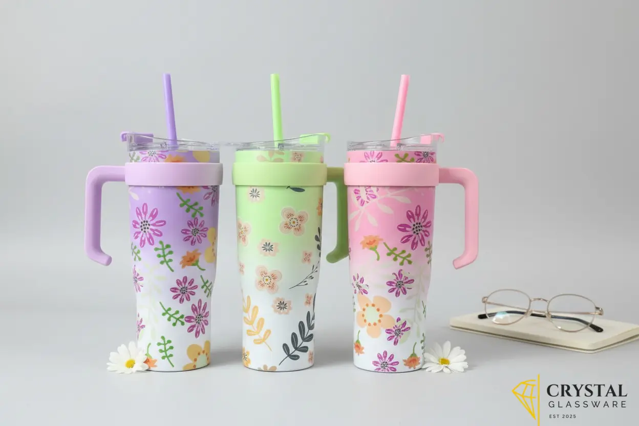 Floral insulated travel tumbler features a convenient handle a matching turquoise upper band and a reusable straw — Crystal Glassware Pakistan